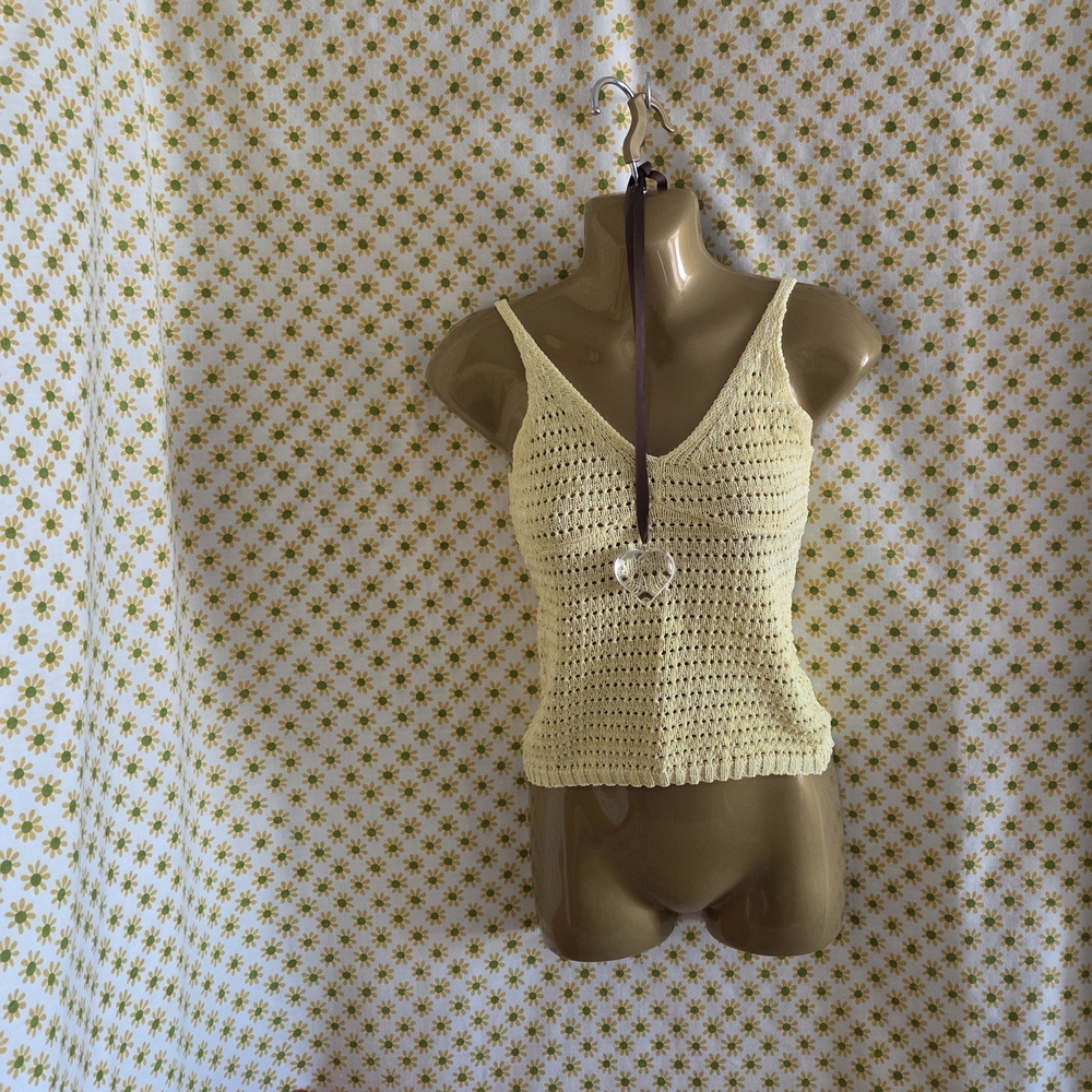 Yellow Crochet Knit Cami Tank Top w Tiny Sequince